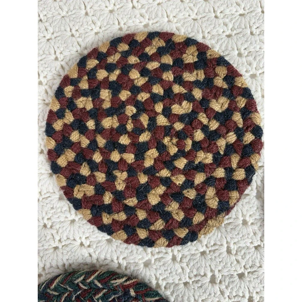 Vtg Braided Wool Trivets 7” Round Primitive Rag Rug Cottagecore Farmhouse NEW